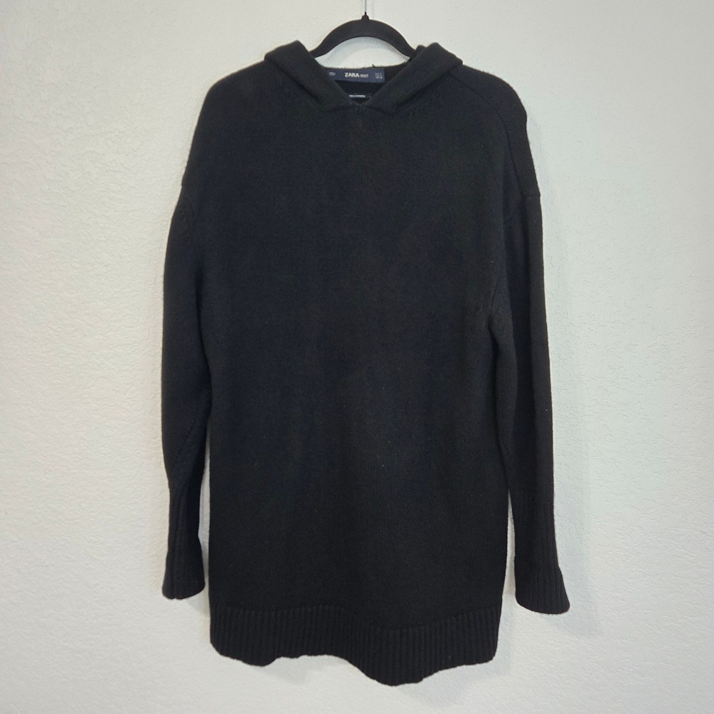 ZARA KNIT Black 100% Cashmere‎ Hoodie Tunic Sweater Size S